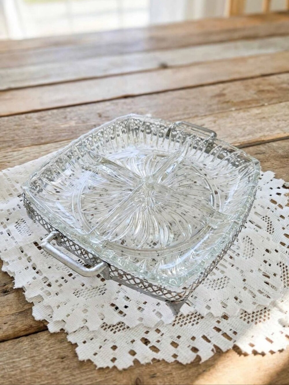 Vintage Mid-Century Swirl Glass Divided Relish Dish with Filigree Metal Caddy